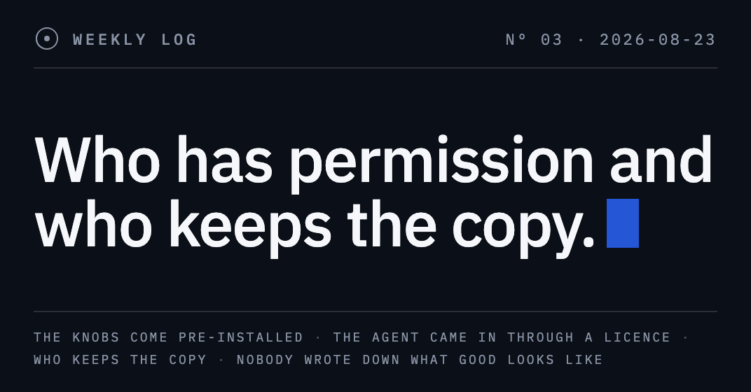 Weekly log no. 3 cover: on a dark background, the line «Who has permission and who keeps the copy».
